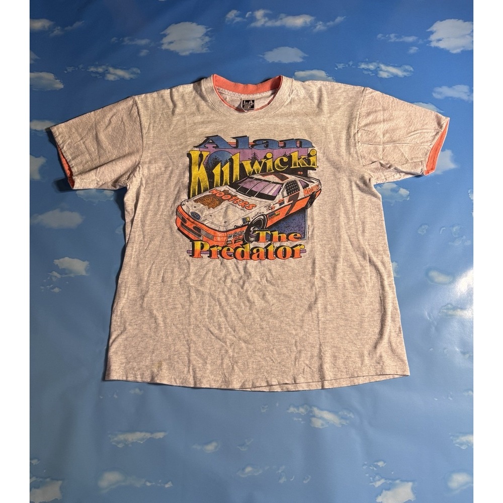 Vintage 90s Alan Kulwicki Hooters Predator T Shirt Mens XL Neon NASCAR Gray